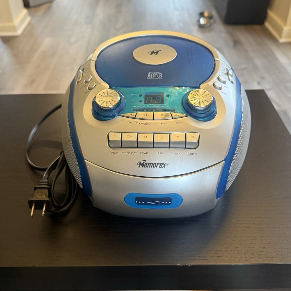 Memorex MP3226 Portable CD Cassette Boombox • AM/FM • Translucent Blue All Works